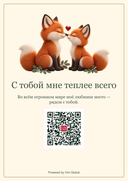 Пример открытки для печати с лисичками и QR-кодом